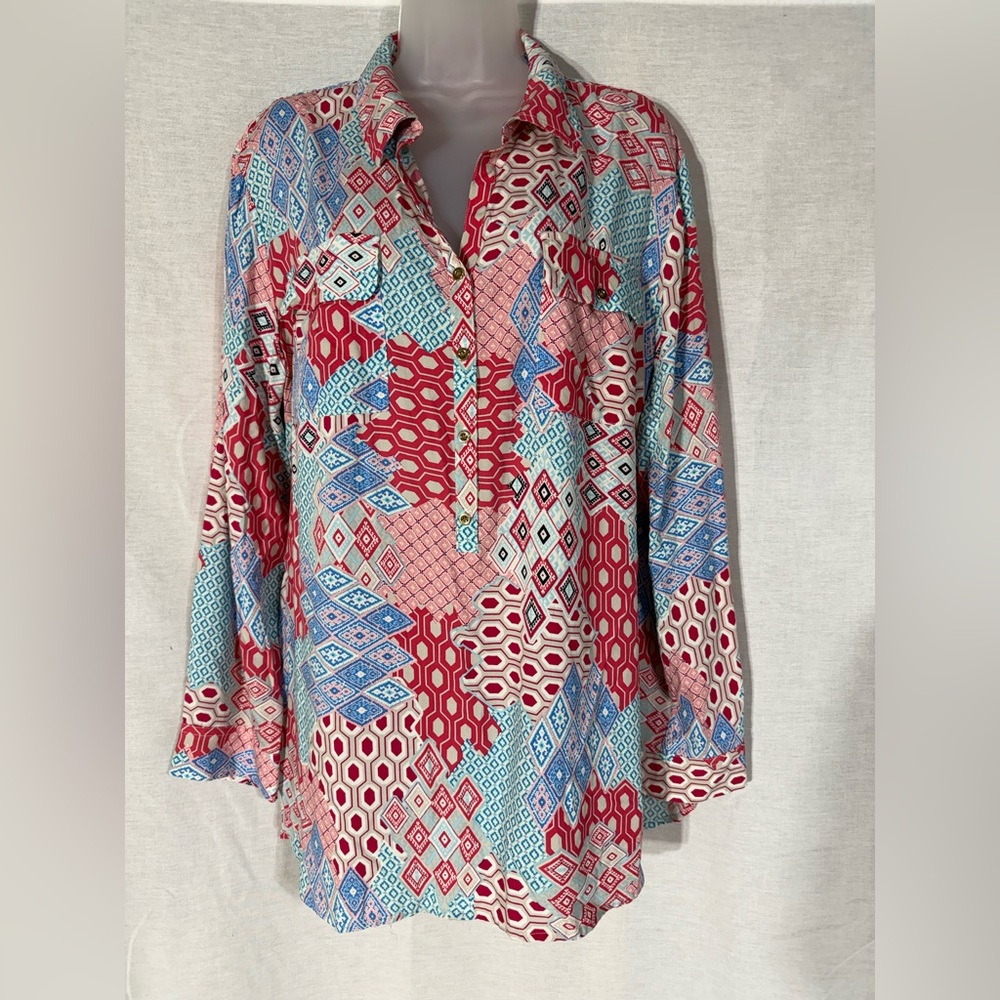 Talbots Red and Blue Geometric Rayon Fabric